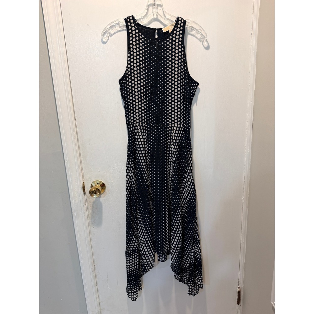 Michael Kors Black White Polka Dot Handkerchief Hem Midi Dress Size 2
